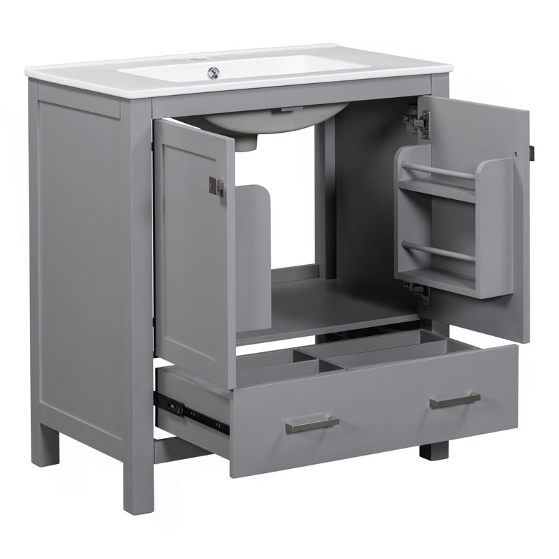 Ensemble de meuble-lavabo gris 60 po avec double meuble-lavabo (séparé), double lavabo en céramique, tablette de rangement et tiroirs séparés (miroir non inclus) - Solution de salle de bain moderne pour salles de bain spacieuses