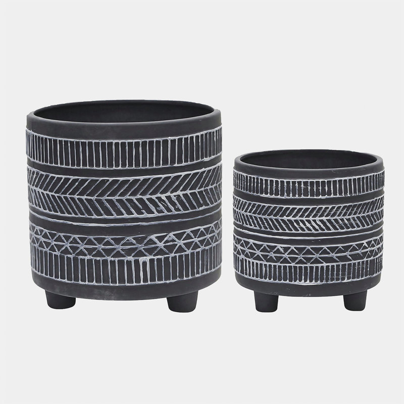 S/2  TRIBAL LOOK FOOTED PLANTER 6/8", BLACK