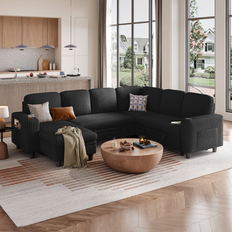 Sherry 106" Convertible Plush Corduroy Sleeper Sectional With Storage Chaise & USB Charging, Effie Black Corduroy