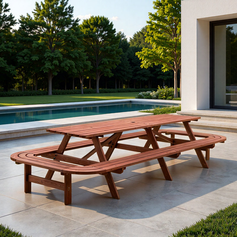 Table de pique-nique 14-16 personnes avec bancs et trou pour parasol