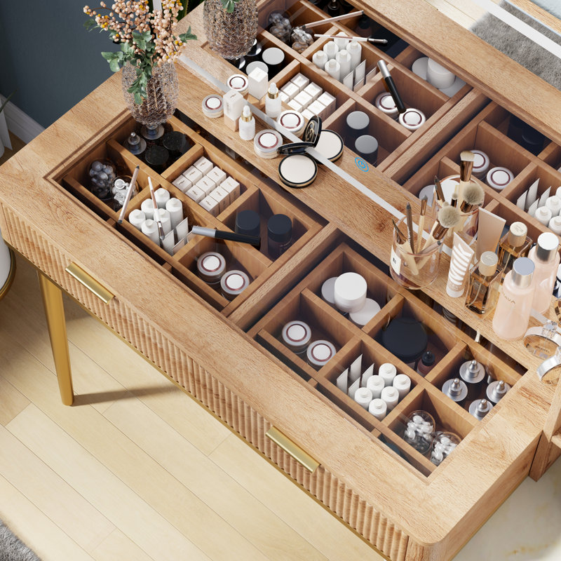 Meuble-lavabo 48 po avec miroir HD et plateau en verre, Chêne naturel