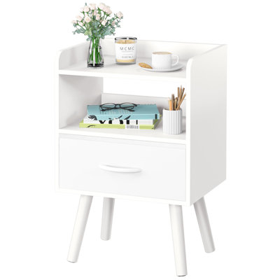 15.75'' W Mid-Century Nightstand - Natural Finish Wood Frame, Drawer & Open Shelf