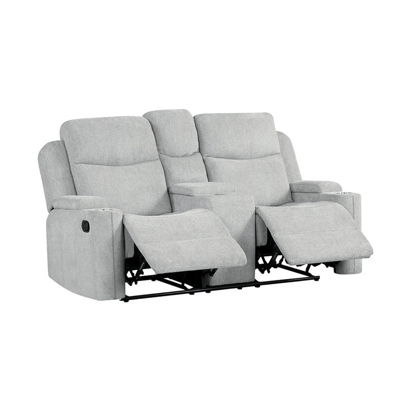 Canapé deux places inclinable de 191,7 cm (75,4 po) avec console et accoudoir de rangement, en chenille gris pâle