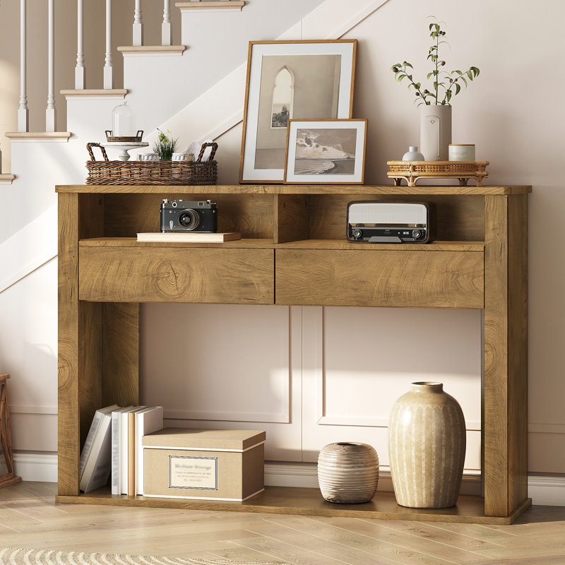 Farmhouse Entryway Table, Console Table With 2 Drawers, 2 Compartments And Bottom Shelf, Farmhouse Style Sofa Table