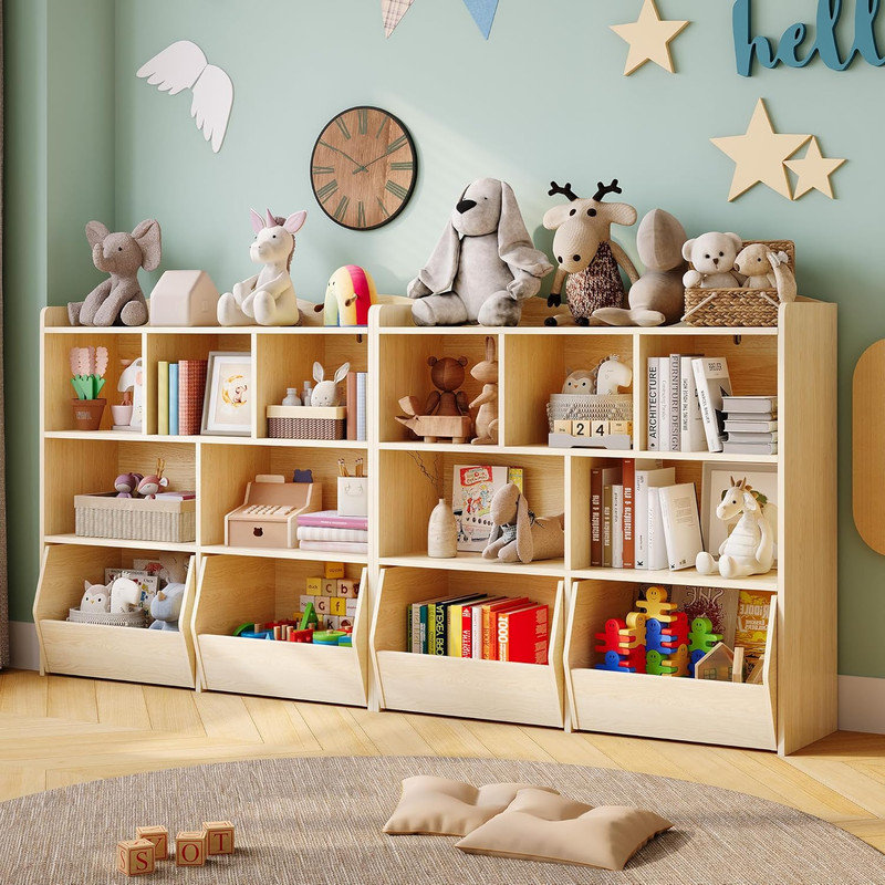 Rangement pour jouets avec 5 casiers et 2 tiroirs mobiles, bibliothèque pour enfants avec roues cachées, Crème, crème