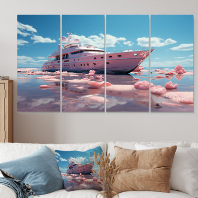 «Pink Yacht Voyage Success - Bateau», art mural 4 pièces