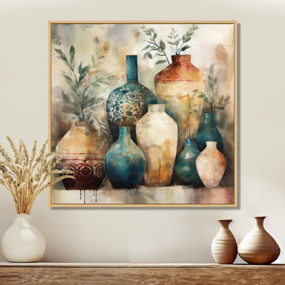 Poterie artisanale verte et orange Kingsfield I - Boho Pottery, reproduction d'art encadrée