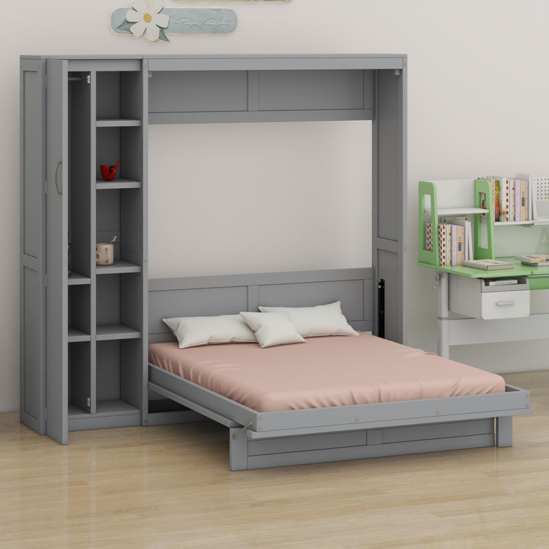 Lit escamotable mural avec tablettes Murphy, Gris, Lit double