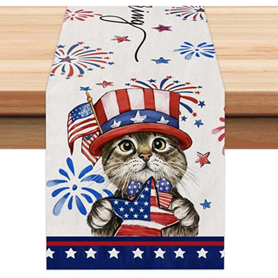 4Th Of July Patriotic Table Runner 72 Inches Blue Star Cat American Independence Day Holiday Home Coffee Table Dining Farmhouse Party Tabletop Decoration