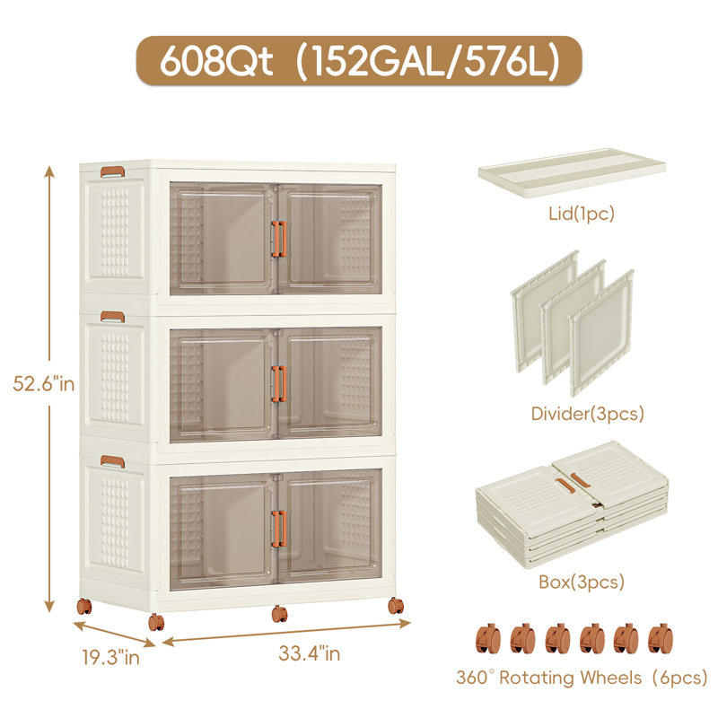  Bacs de rangement pliables 608 pte avec couvercles, portes et séparateurs, tiroirs en plastique empilables avec roulettes pour la maison, rangement pour placard et garage, paquet de 3, crème