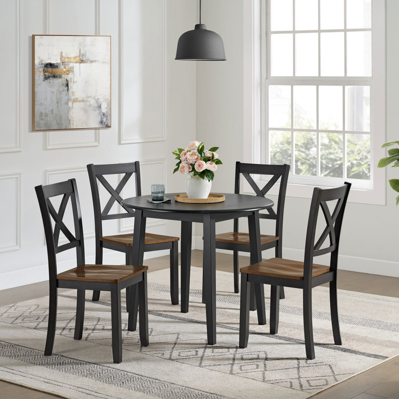  Hinged Drop Leaf Dining Table, 22 to 36 Inch Round Tabletop, Black, Black