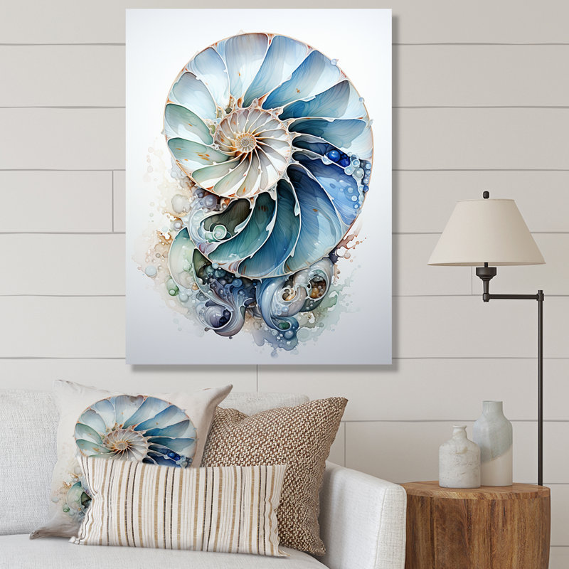Nautilus Ocean Blue Sheels Symetry - Nautilus, art mural, H 32 po x l 24 po, Toile tendue, Sans cadre