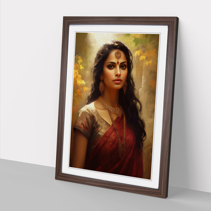 Indian Woman Classicism - Single Picture Frame Print on Wood, 46cm H x 34cm W x 2cm D, Walnut 