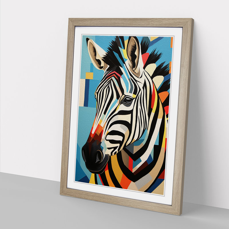 Zebra Geometric No.3 - Single Picture Frame Print on Wood, 64cm H x 46cm W x 2cm D, Oak