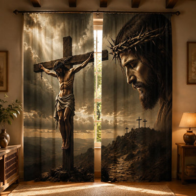 2Pcs Jesus Christ Crucifixion curtains, light filtering fabric, dramatic and solemn religious print pattern, sunshade privacy protection, rod-pocket design, suitable for living room, bedroom, balcony, kitchen home decoration