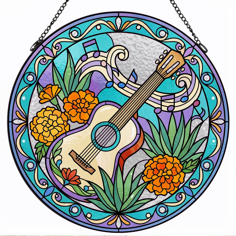 Panneau de vitrail guitare en verre coloré H 12 po, H 12 po