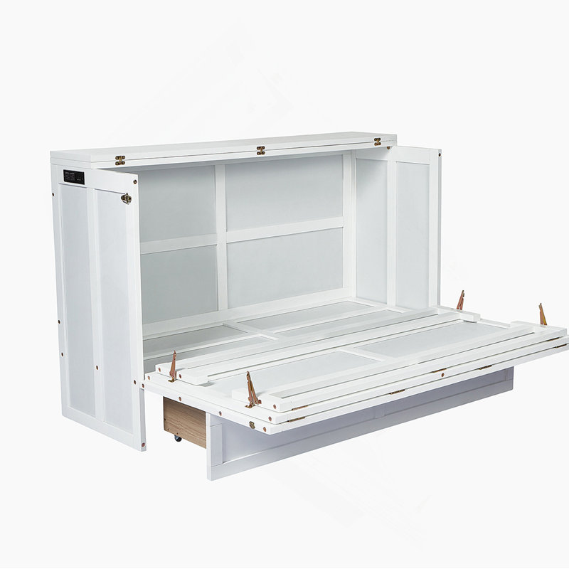 Grand lit escamotable avec tiroir de rangement et station de charge Murphy, port USB, cadre de lit escamotable en pin massif pour bureau à domicile, studio ou chambre d'amis, blanc