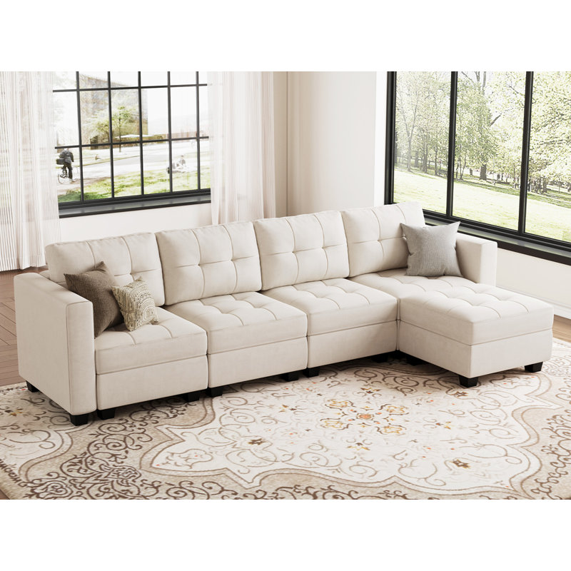 Soneson 116.6'' Modular Upholstered Sectional 4-Seat Sofa Tufted Cushion Velvet Couch with Storage, Beige Velvet