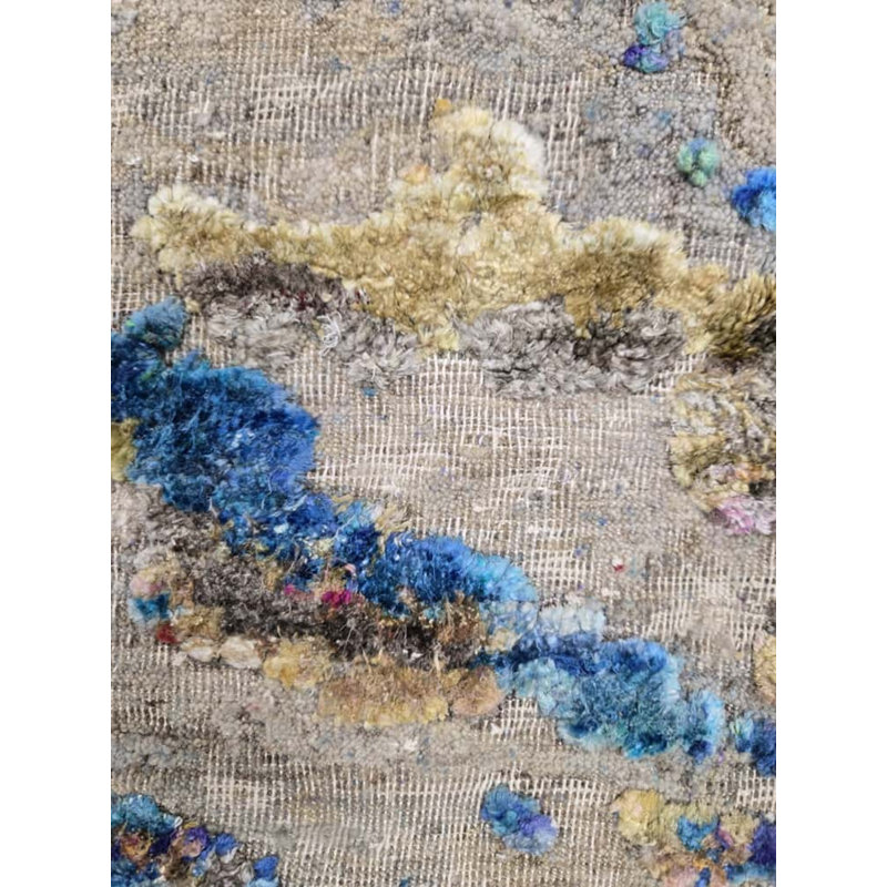 Odyssey Modern Clouds Ocean Coastal Distressed Beige Turquoise Aqua White Wool and Natural Silk Hand-Knotted Area Rug