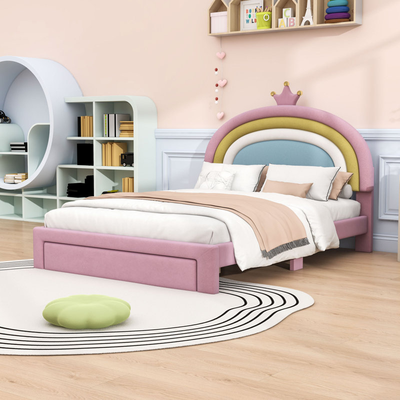 Velvet Upholstered Platform Bed with Rainbow Design Headboard and 2 Drawers, Full