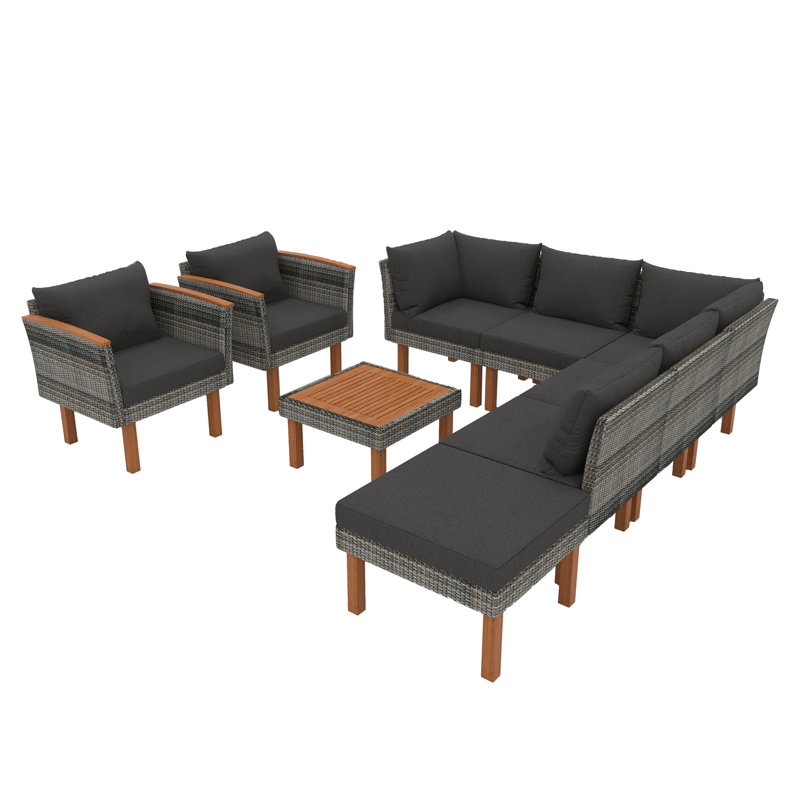 9-Piece Rattan Patio Conversation Set With Cushions, Gray