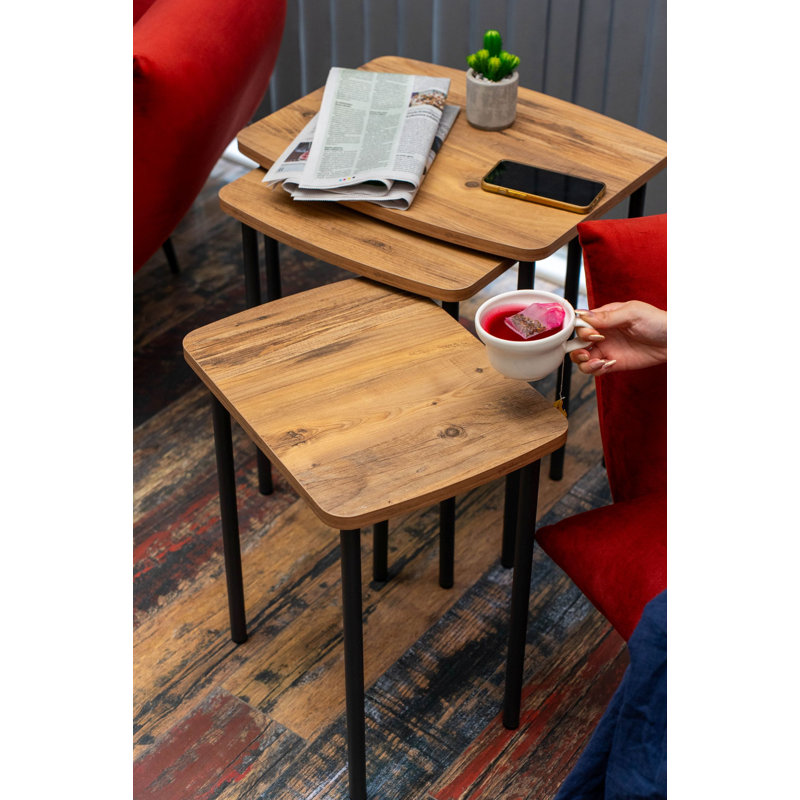Ensemble de 3 tables gigognes, tables d'appoint empilables en métal aspect bois pour le salon