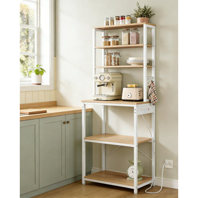 Baker's Rack With Power Outlet, 23.6 Inch Coffee Bar For Kitchen With Storage, 6 Tier Shelves With Hooks, Microwave Stand, Golden Oak & White
