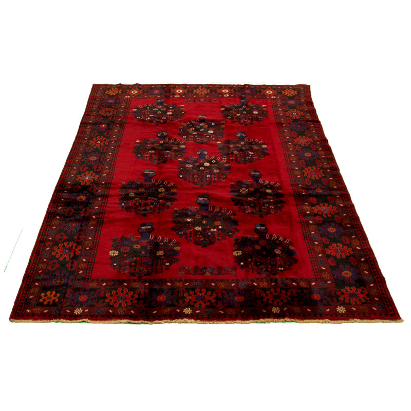 Tapis unique en laine noué à la main rouge de 6 pi 8 po x 9 pi 9 po années 2010 Samora