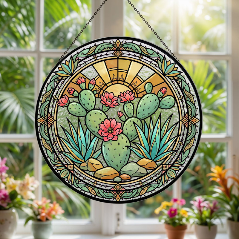 Cactus Sunlight Stained Glass Window Panel，12"H, 12"H