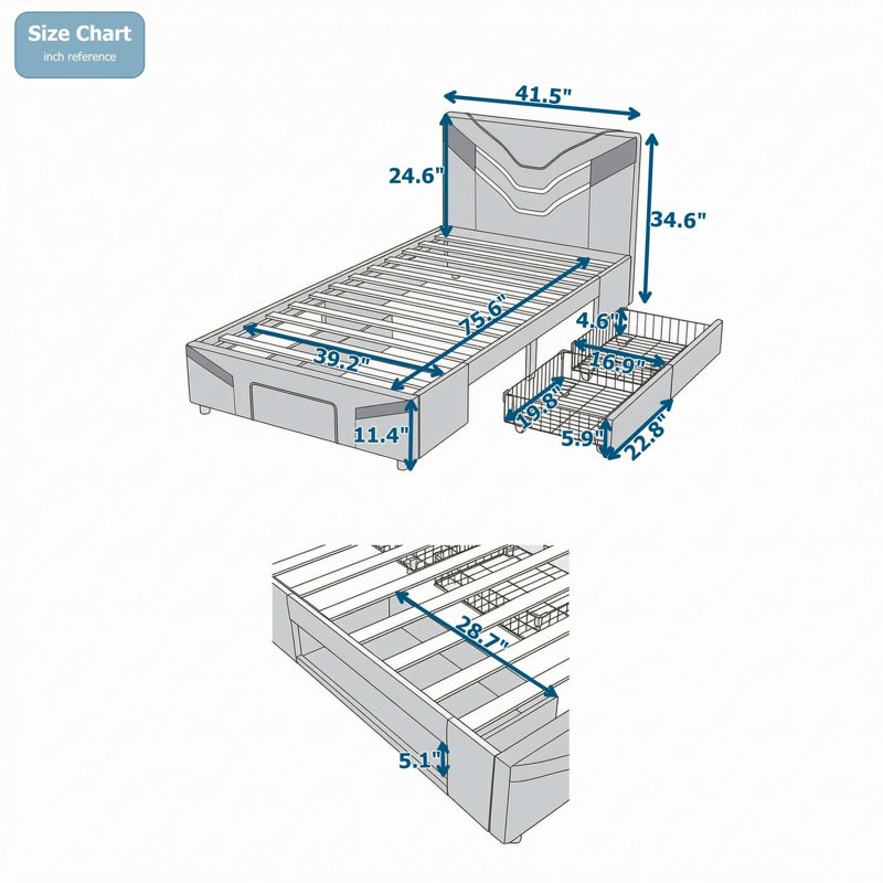 Lit simple tapissier à DEL avec similicuir en polyuréthane de qualité supérieure et tiroirs de rangement intelligents, Bleu