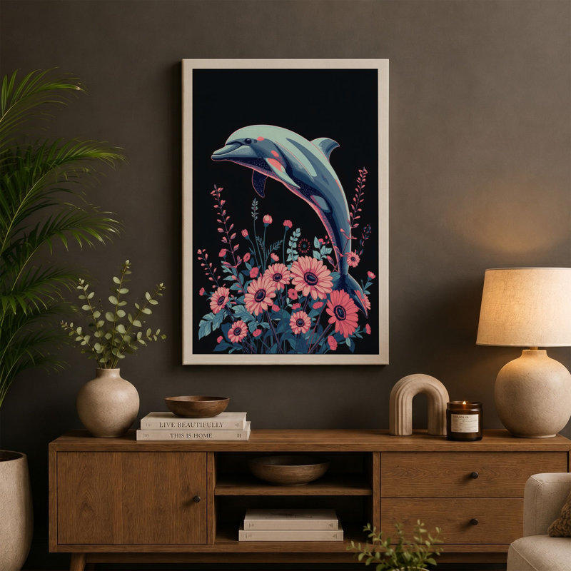 Dolphin Among Blooms Modern - Wrapped Canvas, 24x16 - 61.0 x 40.6 cm, White Border