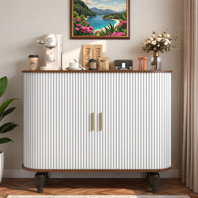Armoire à boissons cannelée pour boissons alcoolisées et café avec 6 porte-bouteilles, 3 porte-verres, 1 grand tiroir de rangement et 4 compartiments de rangement latéraux cachés