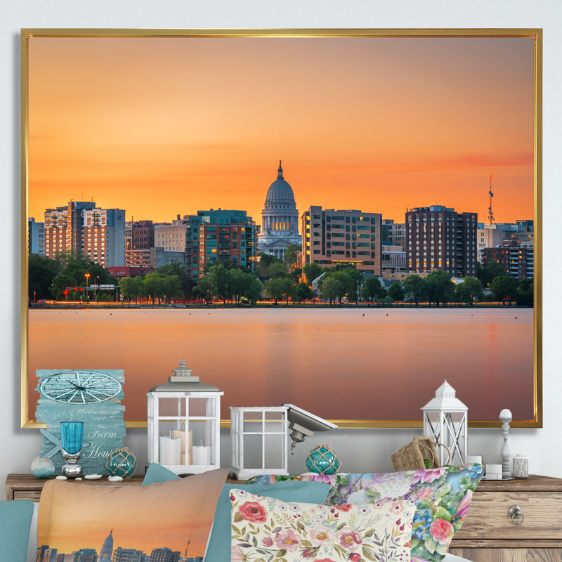 «Madison Wisconsin Skyline - Alabama Large», art mural, H 30 po x l 40 po x P 1,5 po, Cadre flottant doré