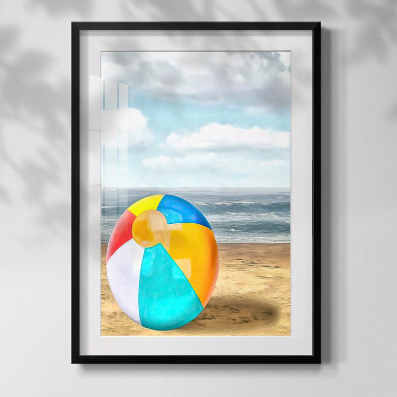 Beach Ball I, Blanc, Papier avec cadre noir