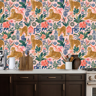 Peel and Stick Wallpaper Leopard Tropical Floral Elegant Botanical Motifs Contact Paper Removable Self Adhesive Wall Mural Wall Decor for Bedroom Kitchen Cabinets 17.7in x 118in