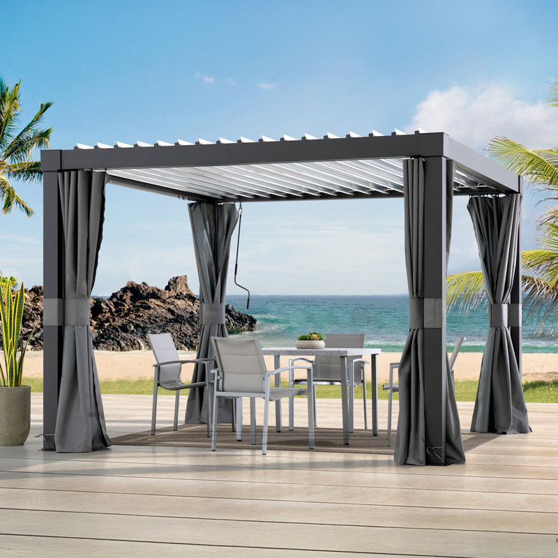 Sunjoy 3m x 3m or 3m x 4m Electric Louvered Pergola with Solar LED Lights, Remote Weatherproof Adjustable Rainproof Aluminum Hardtop Gazebo, with Drainage System, Water and UV Proof