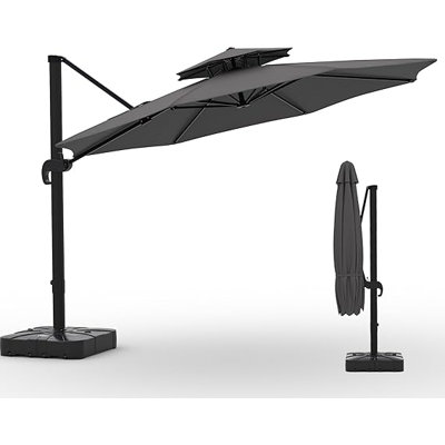 10x10 ft Round Cantilever Patio Umbrella with Base – 360° Rotation & Height Adjust, Heavy-Duty Aluminum Outdoor Umbrella for Garden & Poolside