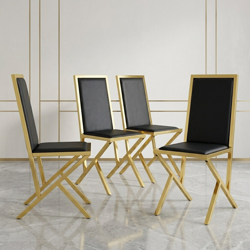 Chaise de salle à manger rembourrée en similicuir moderne avec pieds géométriques en métal (ensemble de 4), 4, Noir, Doré