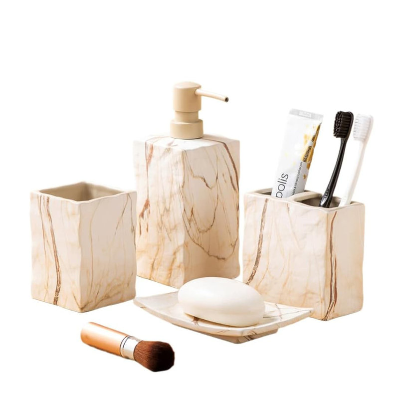Marble Brown Ceramic Bathroom Accessory Set (4-Piece Retro) - Soap Dispenser & Toothbrush Holder