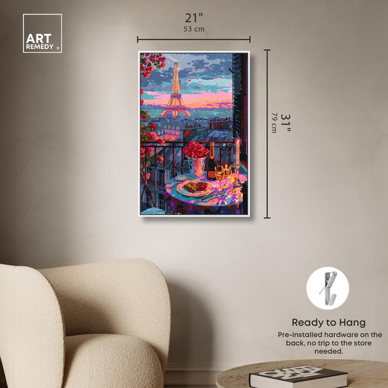 «A Lovely Paris Dinner», art mural rose par Dakota Fields, Cadre blanc, H 31 po x l 21 po