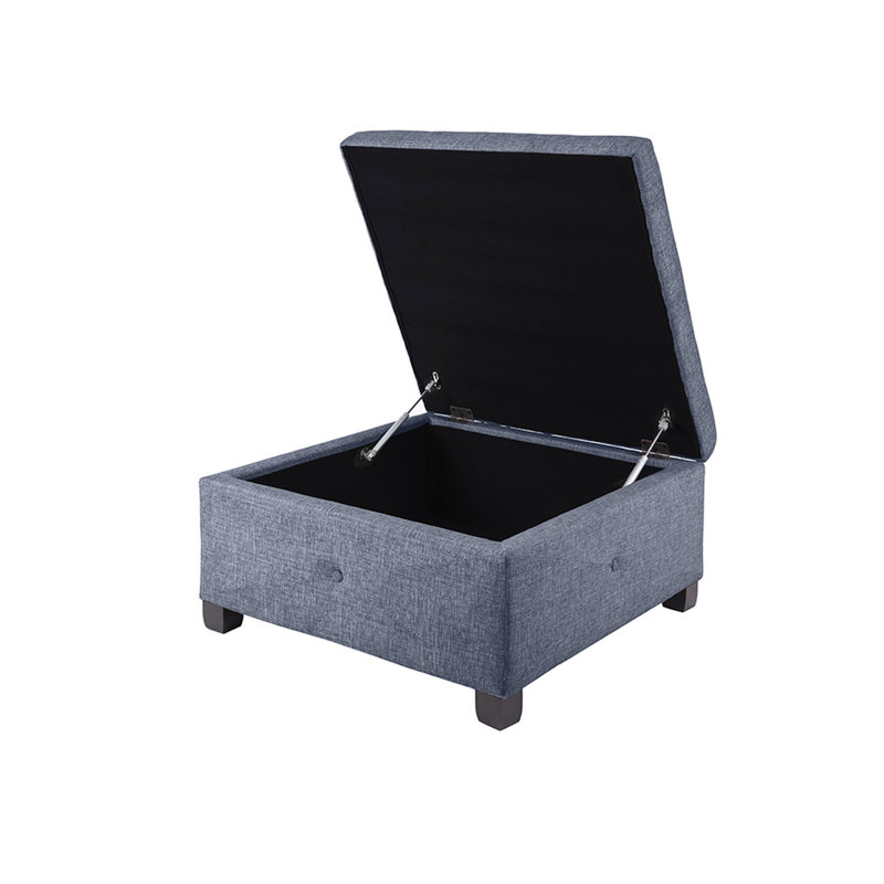 Square Storage In Blue Shade - Solid Wood Legs, Dark Finish Seat And Plywood, Button