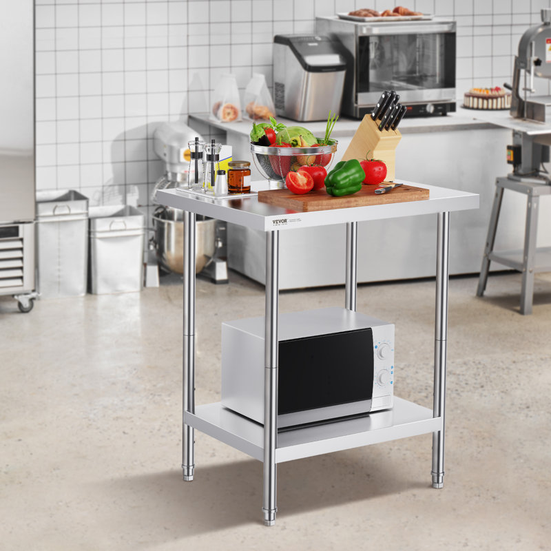 Table de préparation en acier inoxydable, 61 x 76 x 86 cm, capacité de charge de 318 kg, table de travail robuste en métal avec 3 niveaux de hauteur réglables, poste de travail professionnel pour cuisine, garage, restaurant ou jardin.