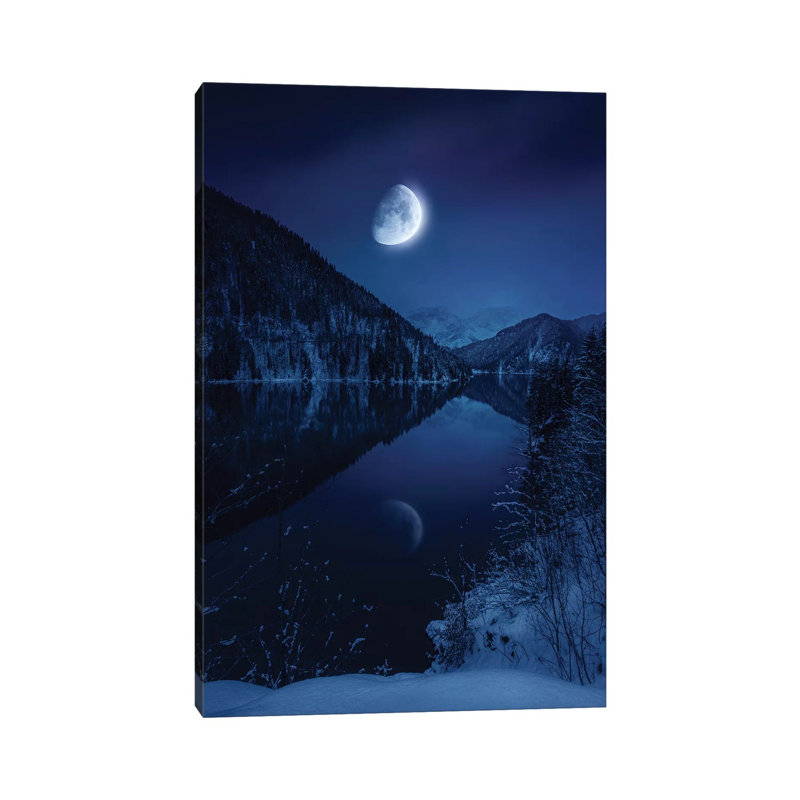 Moon Rising Over Tranquil Lake In Misty Mountains by Evgeny Kuklev - Wrapped Canvas Print, 101.6cm H x 66.04cm W x 1.905cm D