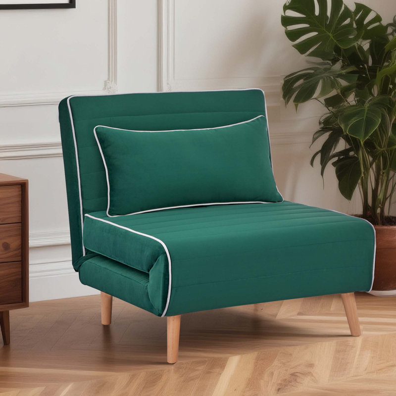 73" Velvet Foldable Sofa Bed with Solid Wood Legs, 3-Position Adjustable Back, Green