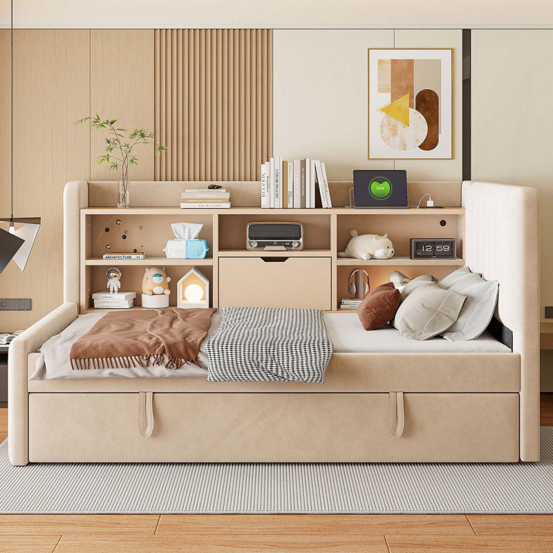 Twin Size Upholstered Daybed with Trundle, Storage Shelves,USB & Outlet, Beige