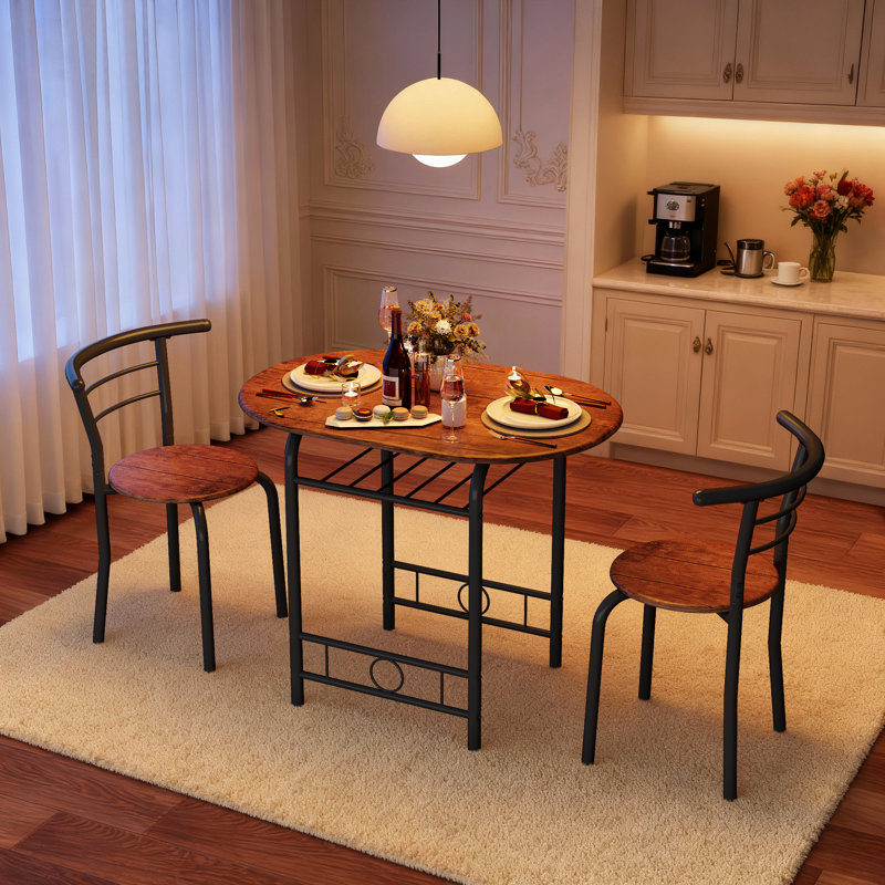 2-Person Dining Set with Storage Shelf, Space-Saving Design, Red/Black