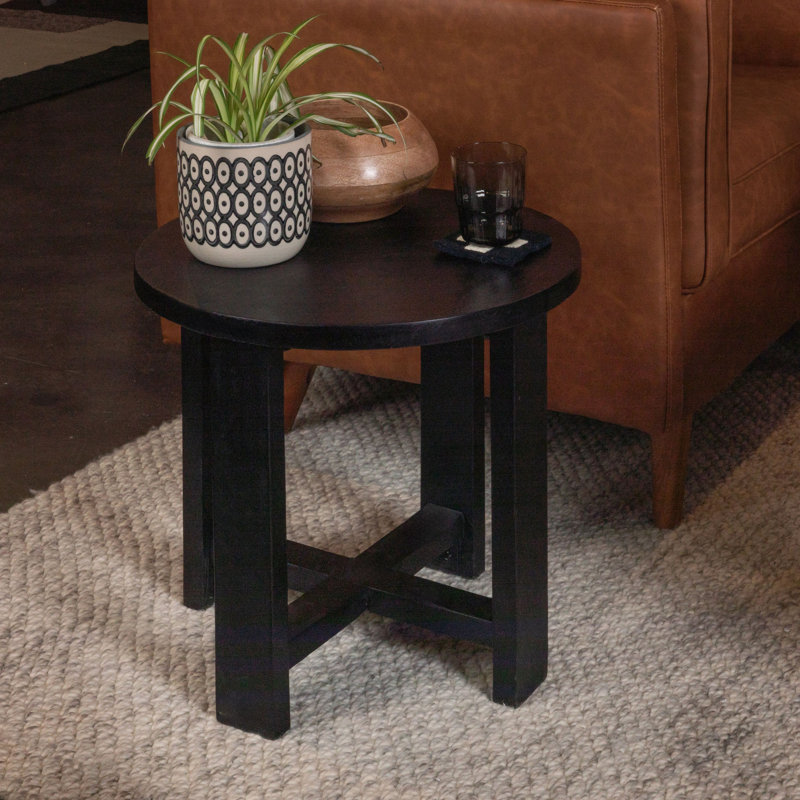 Elegant Acacia Trestle Round End Table, Black