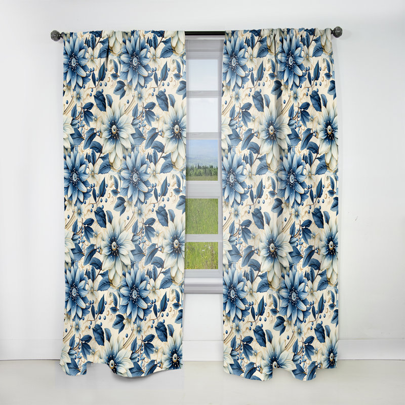 Tranquillité blanche et bleue - Rideau floral - Rideau obscurcissant - 1 panneau, L 52 po x L 95 po