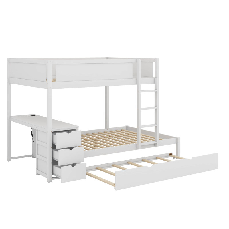 Lit superposé double avec lit gigogne simple, rangement et bureau, Blanc