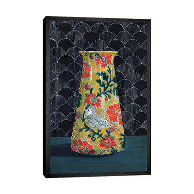Yellow Vase With Titmouse Bird by Miri Eshet - Painting on Canvas